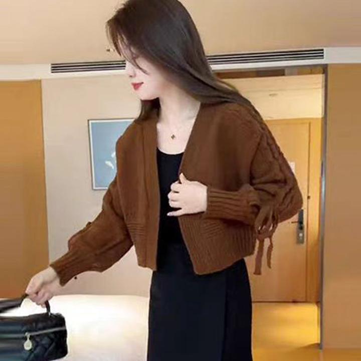 别致女装开衫毛衣外套女秋冬韩版短款蝴蝶结时髦洋气针织长袖上衣