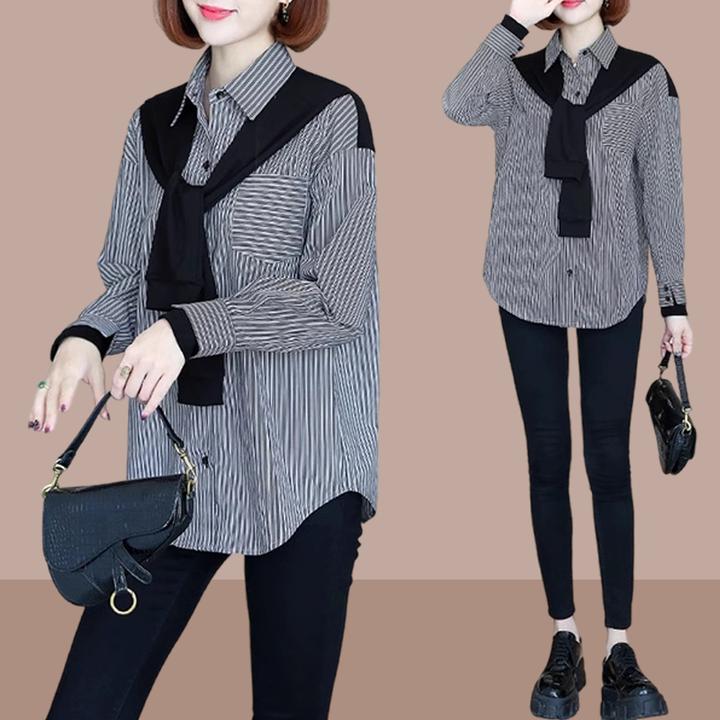 披肩条纹假两件衬衫女款2026年秋季新款宽松显瘦洋气百搭大码衬衣