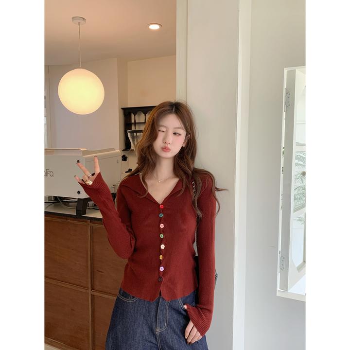 2024秋冬韩版彩虹纽扣甜美减龄针织衫女内搭修身百搭爆款网红上衣