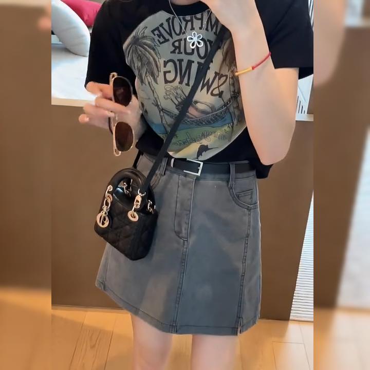 牛仔半身裙女短款显瘦A字裙+夏季时尚短袖t恤印花小个子两件套装