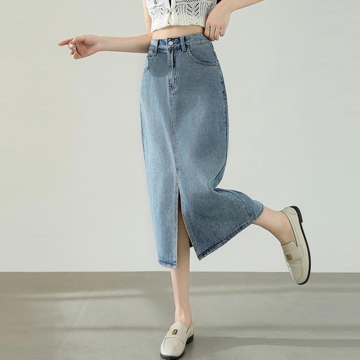 45/夏季新款韩版牛仔中长裙女透气显瘦A字裙前开叉裙子百搭薄款