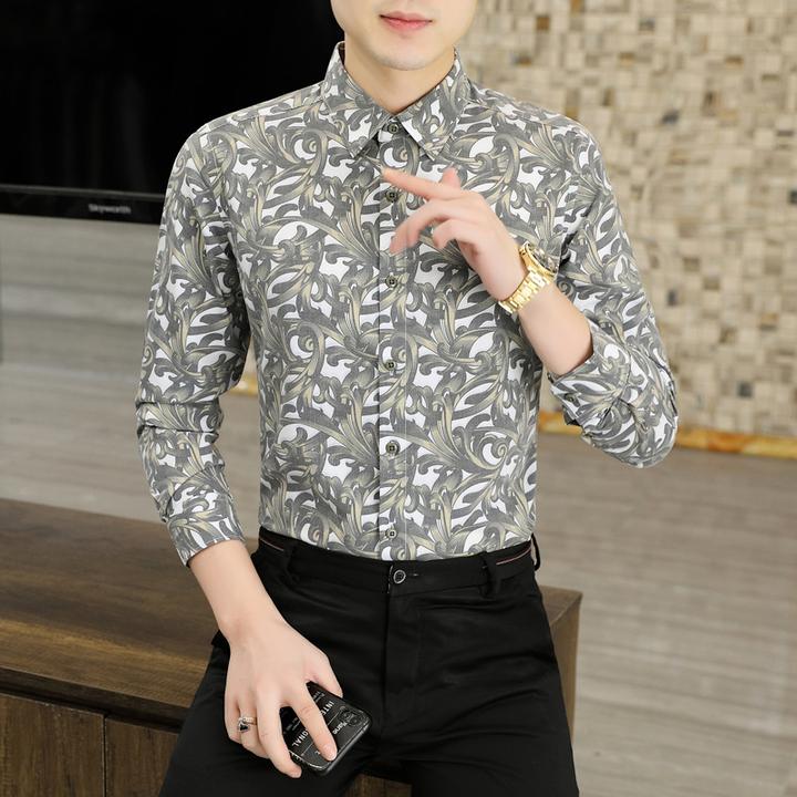 秋季男装花衬衫男士长袖休闲衬衣青中年高档寸衫潮流时尚帅气百搭