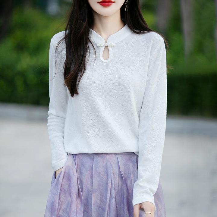 新中式盘扣上衣女内搭打底衫秋冬新款国风立领长袖恤针织衫气质