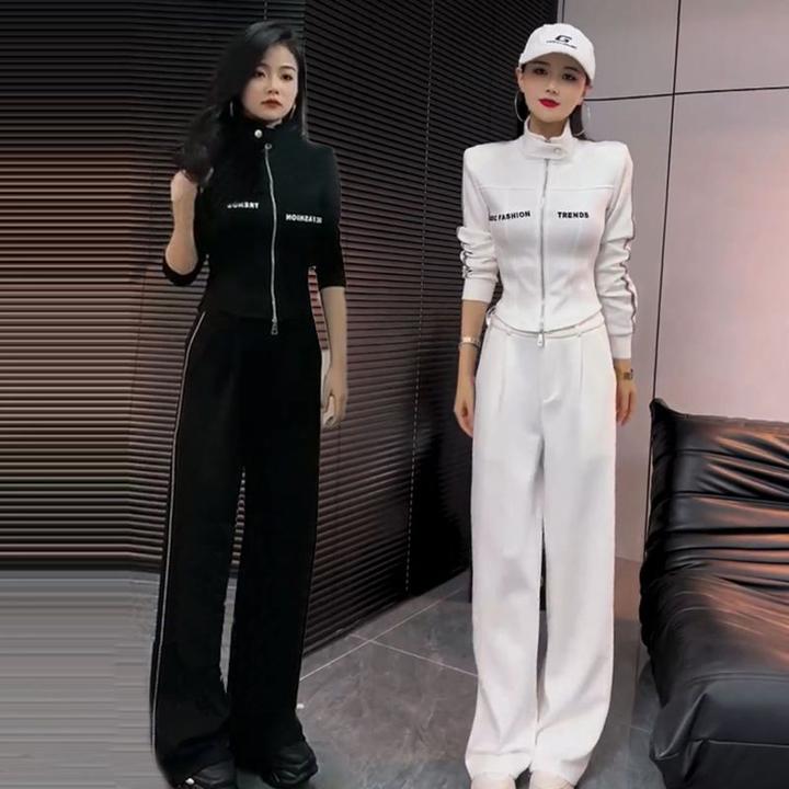 2024春秋新款休闲运动服套装女韩版立领修身显瘦直筒阔腿裤两件套