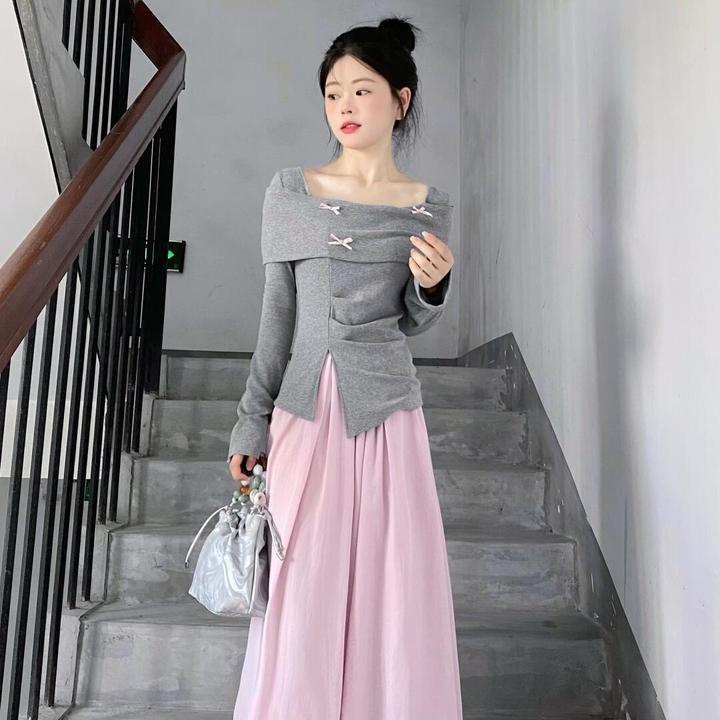 2024秋季新款设计感显瘦长袖灰色蝴蝶结针织衫甜辣chic上衣半身裙