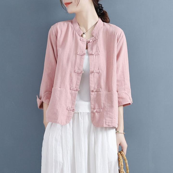 2024春夏季新款女装中国风盘扣复古衬衫女春秋唐装民族风麻上衣中