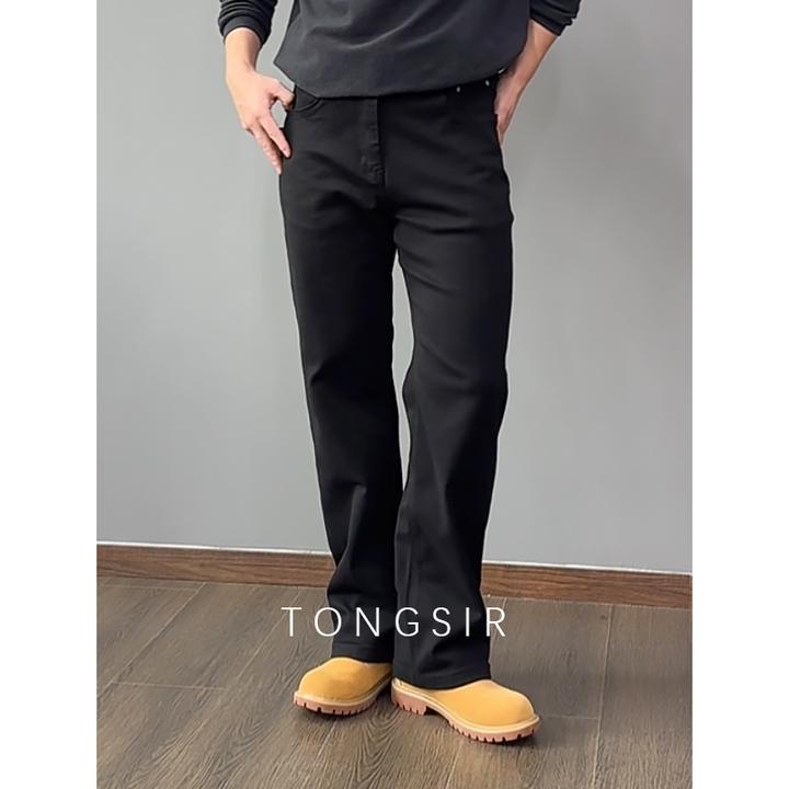 TONGSIR【防褪色黑牛】莱赛尔&棉 直筒宽松弹力黑色牛仔裤男休闲裤