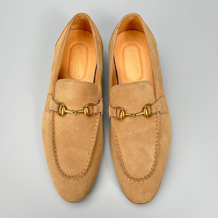 2025新款英伦风马衔扣真皮乐福鞋男款卡其色透气磨砂皮鞋男一脚蹬