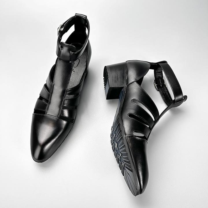 原创猪笼高跟鞋男外穿夏季牛皮凉鞋男增高透气罗马凉靴男洞洞鞋潮