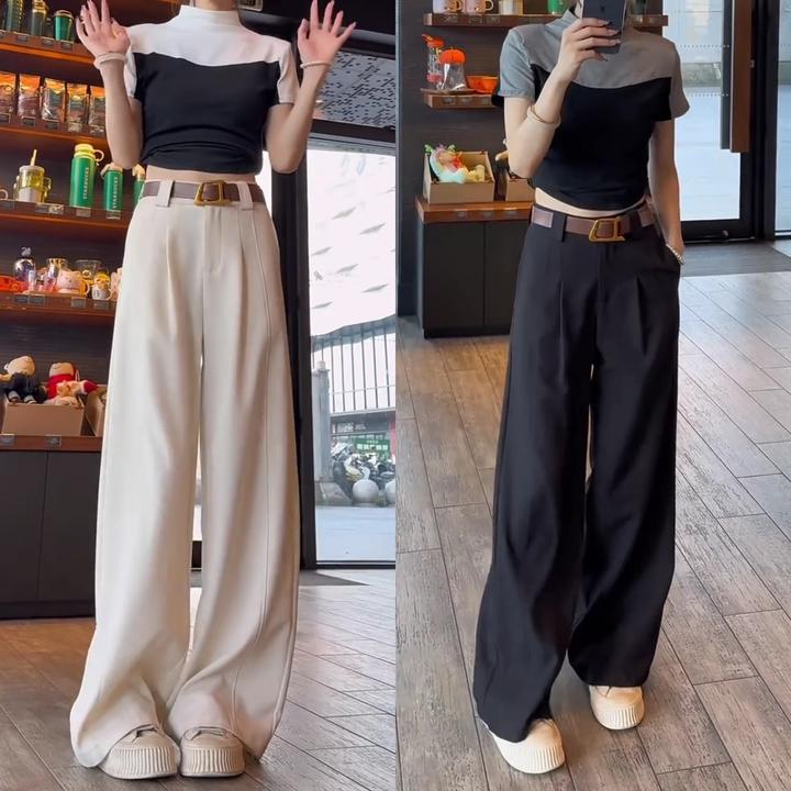Aimeerosa/艾洛莎米白色阔腿休闲裤2025夏季新款宽松显瘦直筒裤子