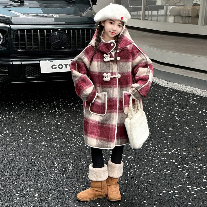女童中长款格子毛呢大衣冬装2024新款中大童呢子连帽加绒加厚外套