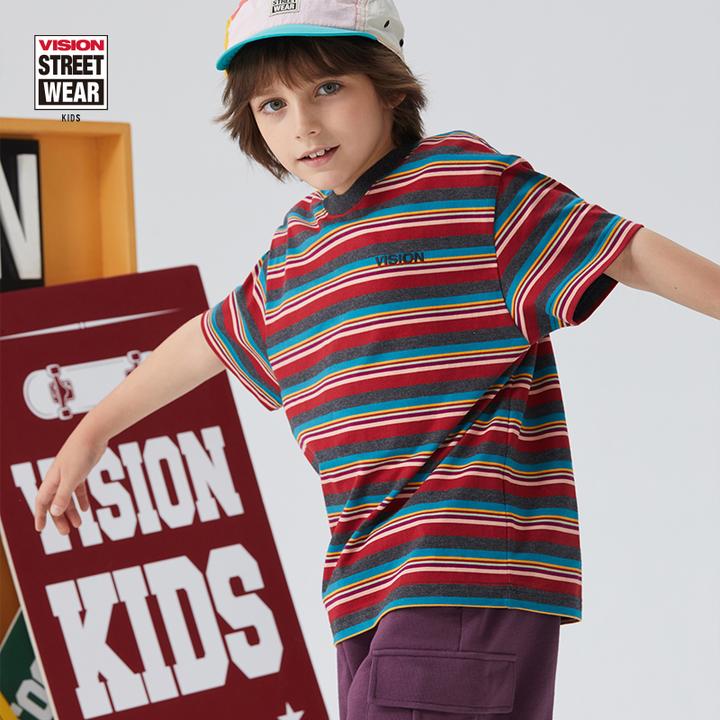 VISION KIDS 美式撞色条纹刺绣LOGO宽松短袖T恤男女儿童夏季童装