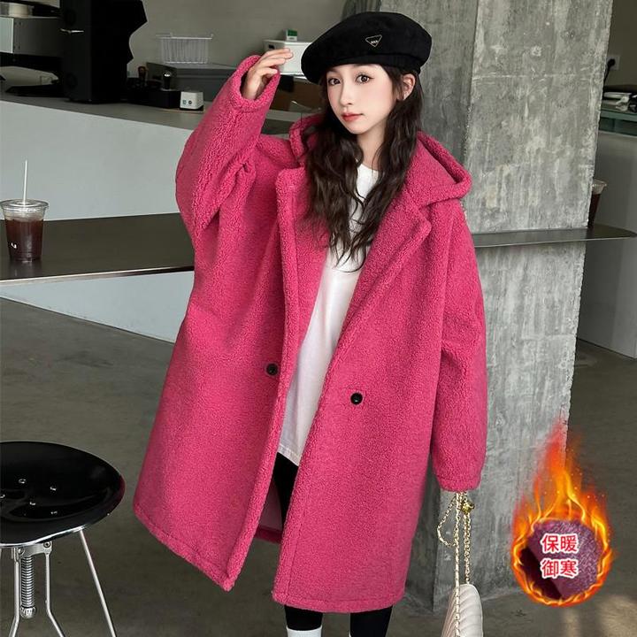 女童毛毛大衣冬季2024新款大童中长款加厚连帽冬装儿童羊羔绒外套