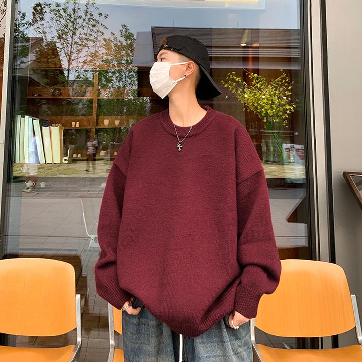 韩版慵懒风圆领毛衣男款秋季高街痞帅上衣百搭纯色城市机能针织衫