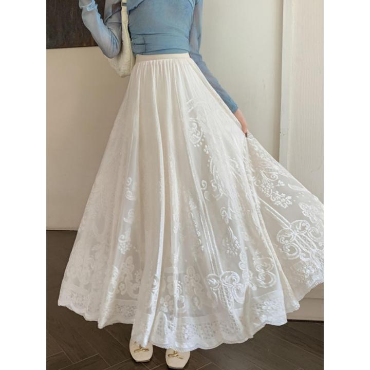 白色蕾丝百褶半身裙女春秋冬2024新款气质高腰字纱裙长款半裙子