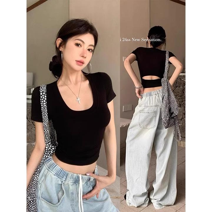 芯娇晴黑色U领露腰短袖T恤女夏辣妹紧身短款正肩后背镂空低领上衣