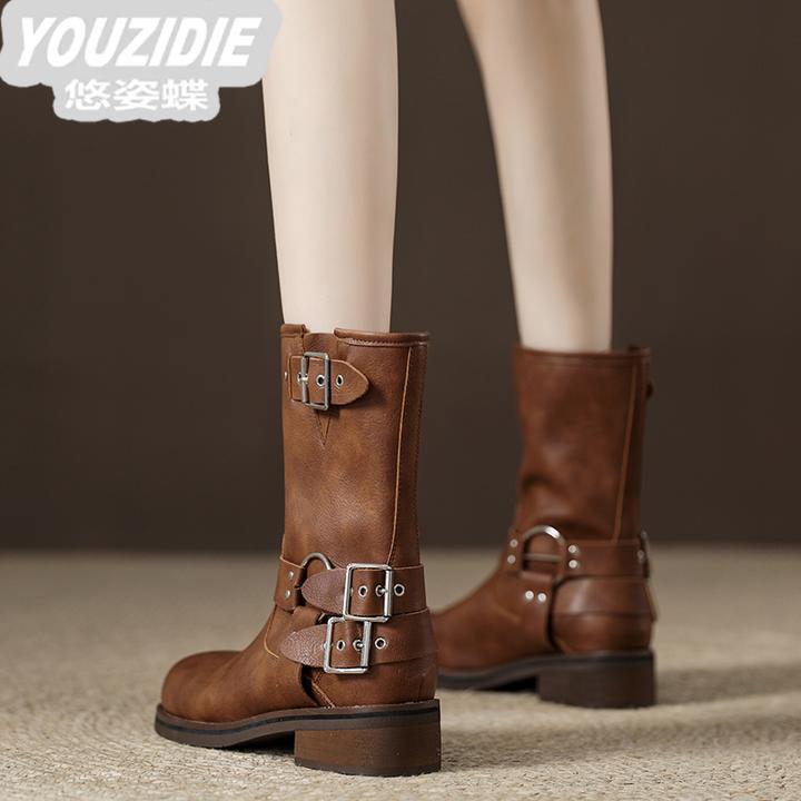 YOUZIDIE粗跟金属扣中筒靴女百搭时尚骑士靴2025新款英伦马丁靴