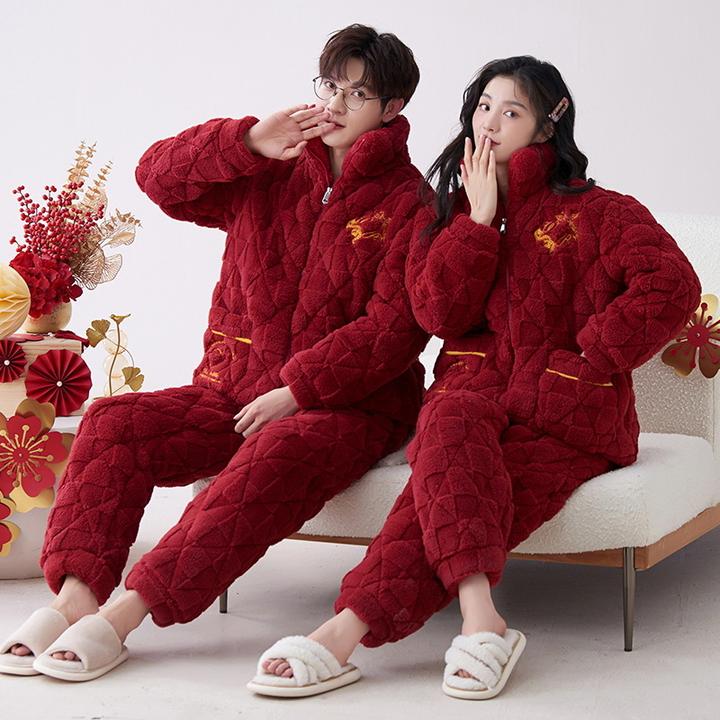 红色情侣睡衣冬季三层夹棉珊瑚绒加厚加绒新婚男女士家居服法兰绒