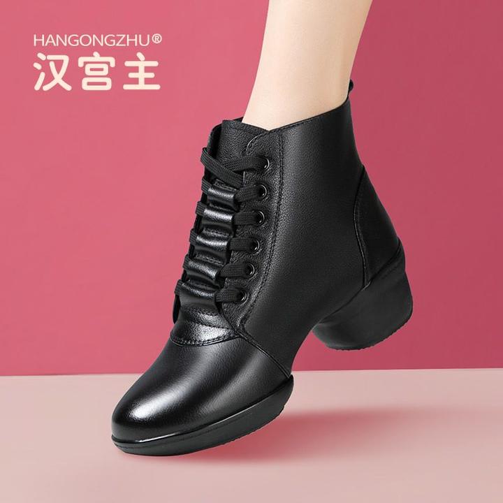真皮广场舞女鞋中跟高跟水兵舞蹈靴软底舞蹈鞋女成人爵士跳舞鞋冬