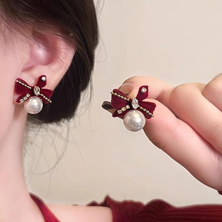 铜合金耳饰 红色蝴蝶结珠珠耳钉复古甜美气质耳环高级感百搭耳饰