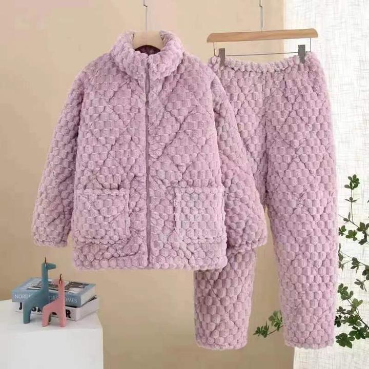 时尚拉链款提花睡衣女冬三层加绒加厚珊瑚绒夹棉家居服法兰绒套装