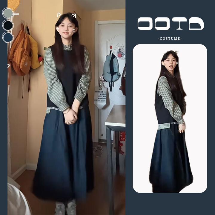 入秋一整套女装2024新款韩版长袖格子衬衫套头马甲半身裙三件套装