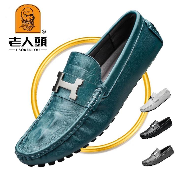 老人头品牌男鞋夏季真皮软皮软底英伦皮鞋潮流休闲皮鞋男士豆豆鞋