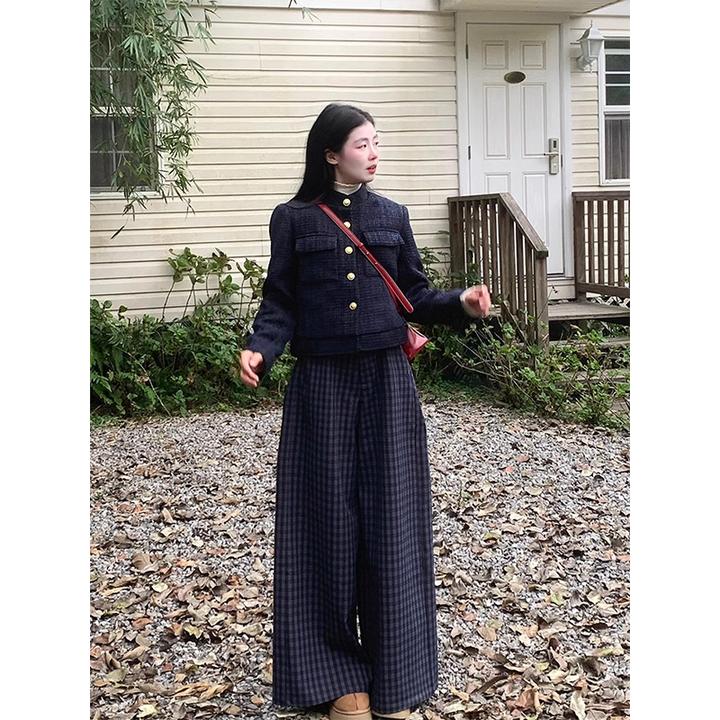 韩系复古黑色格纹高腰休闲裤女秋冬季新款宽松显瘦加厚阔腿拖地裤