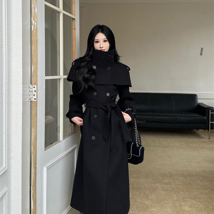 MOONSEE韩版双排扣毛呢大衣外套女秋冬季新款可拆卸披肩斗篷套装