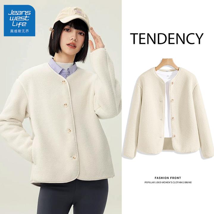 真维斯无界杏色短外套女2025新款秋冬高端麦穗绒时尚保暖长袖开衫