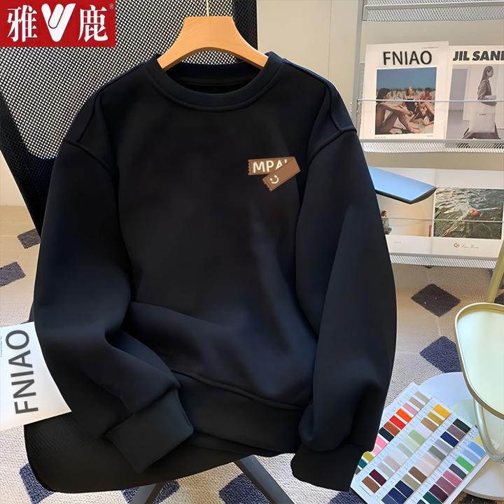 雅鹿男装潮流百搭圆领英伦雅痞新款秋冬运动宽松加厚加绒男士卫衣