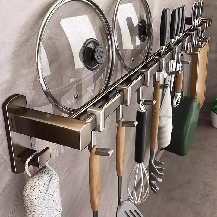 枪灰色免打孔厨房挂钩架挂杆壁挂多功能厨具挂架勺子铲子置物架