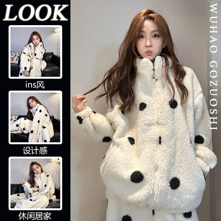 韩系可爱波点珊瑚绒睡衣女款秋冬季加绒加厚保暖可外穿家居服套装