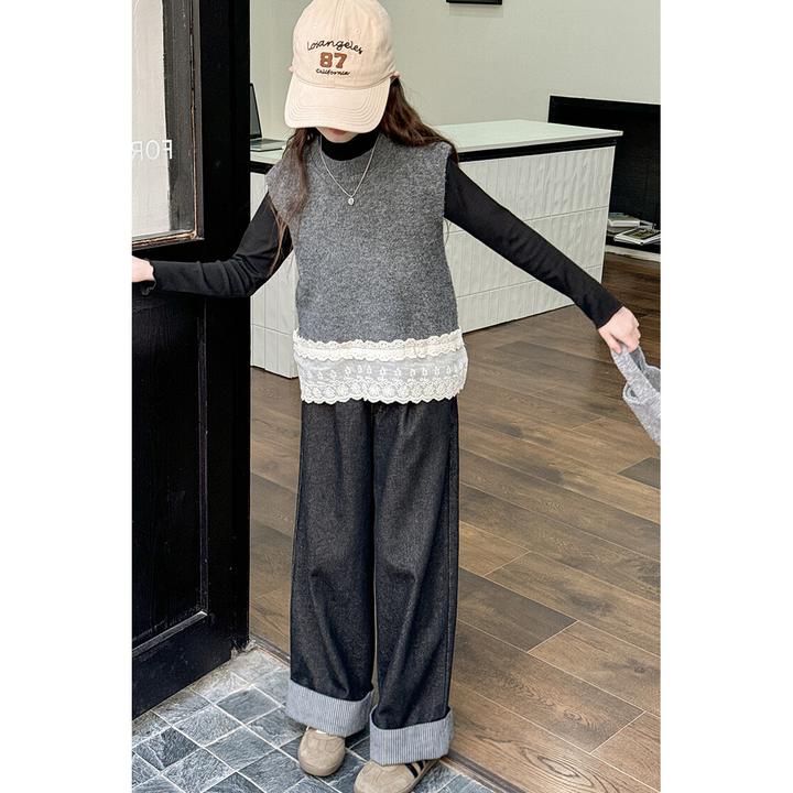 女童秋装套装2024新款洋气背心牛仔阔腿裤儿童韩系穿搭针织三件套