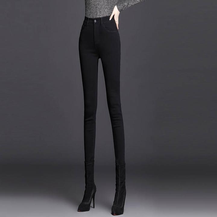 S'KEERZI黑色高腰牛仔裤女2022秋新款加绒显瘦紧身弹力小脚铅笔裤