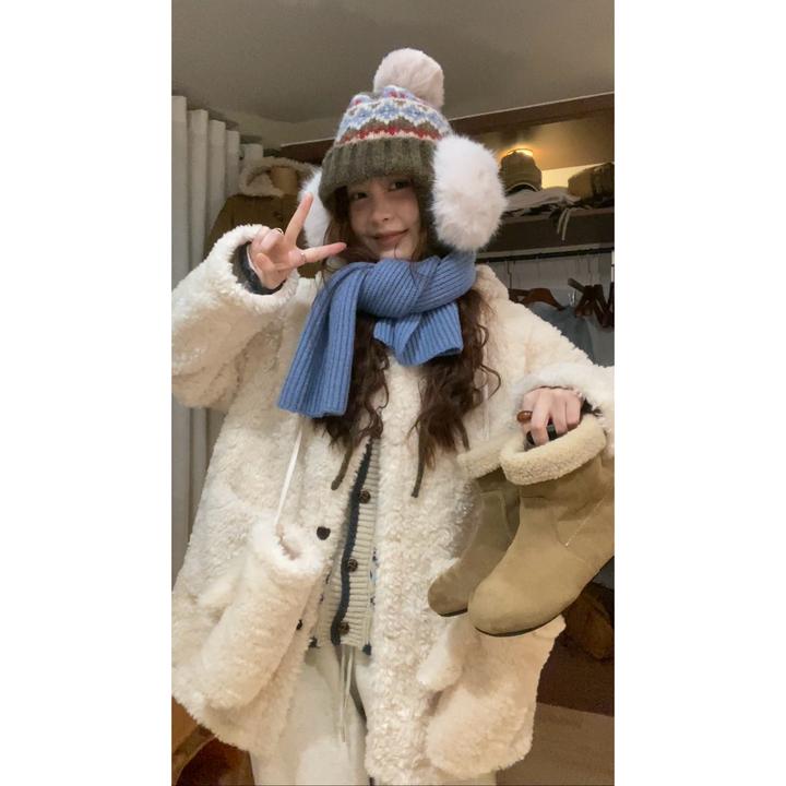 【sophy】韩版米杏ins暖糯毛绒绒麂皮绒皮毛一体中长款外套（送手套）