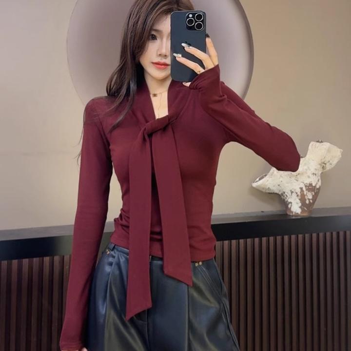 秋冬内搭加厚磨毛加绒打底衫红色上衣女修身显瘦蝴蝶结V领长袖T恤