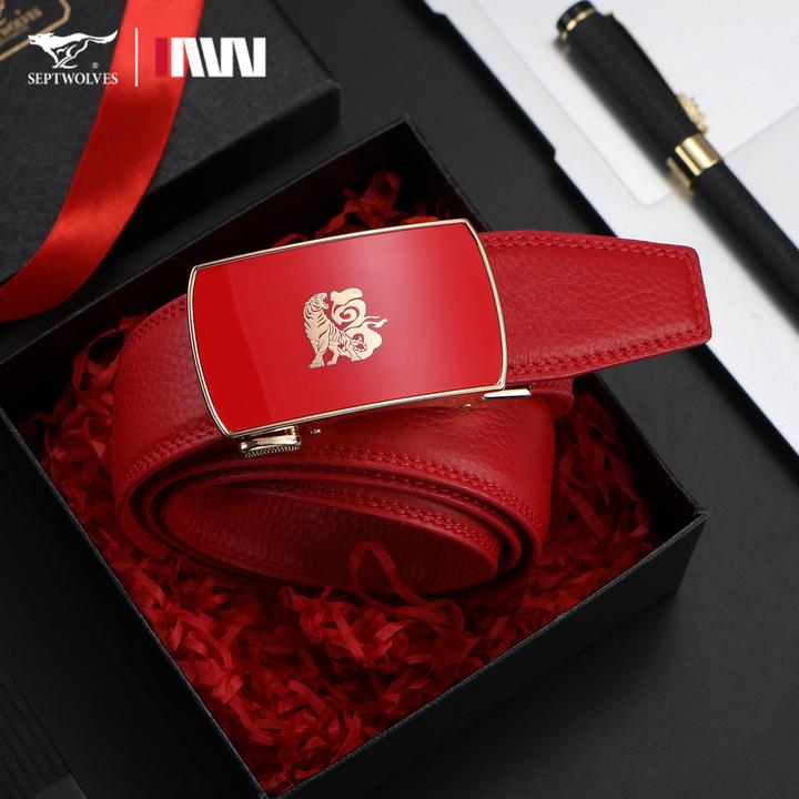 七匹狼本命年红腰带头层牛皮皮带男士喜庆鸿运结婚限定裤腰带WO