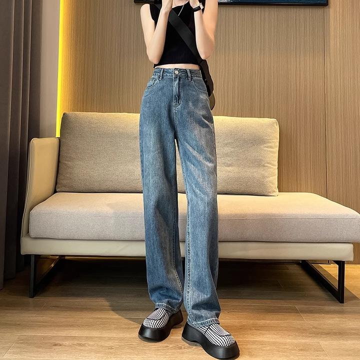 直筒阔腿牛仔裤女窄版高腰显瘦宽松复古休闲时尚百搭春秋拖地裤子