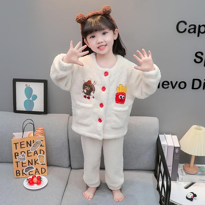 儿童睡衣女孩秋冬款珊瑚绒套装女童冬季法兰绒加厚保暖卡通家居服