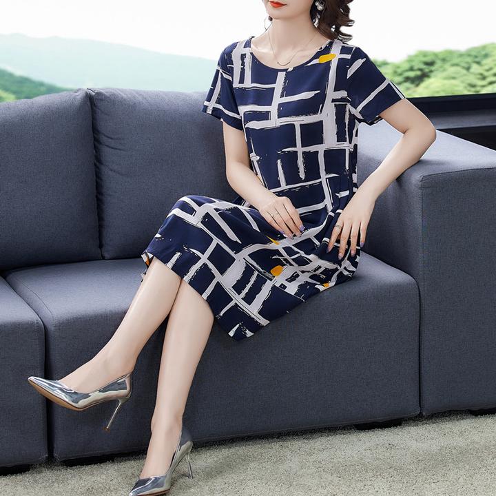 棉绸连衣裙女夏新款洋气大码宽松显瘦时尚抽褶收腰短袖中长款裙子