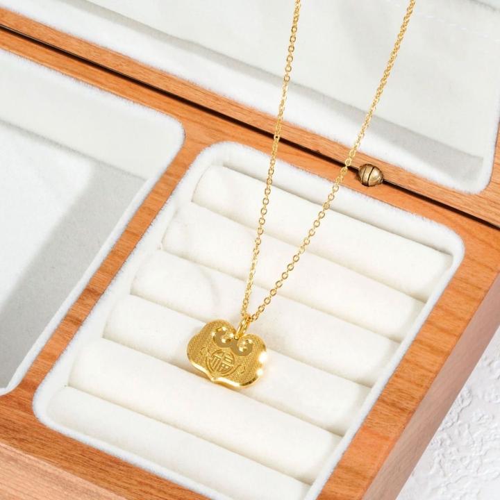 钛钢项链 不掉色新款轻奢长命锁如意项链金色祥云锁锁骨链毛衣链