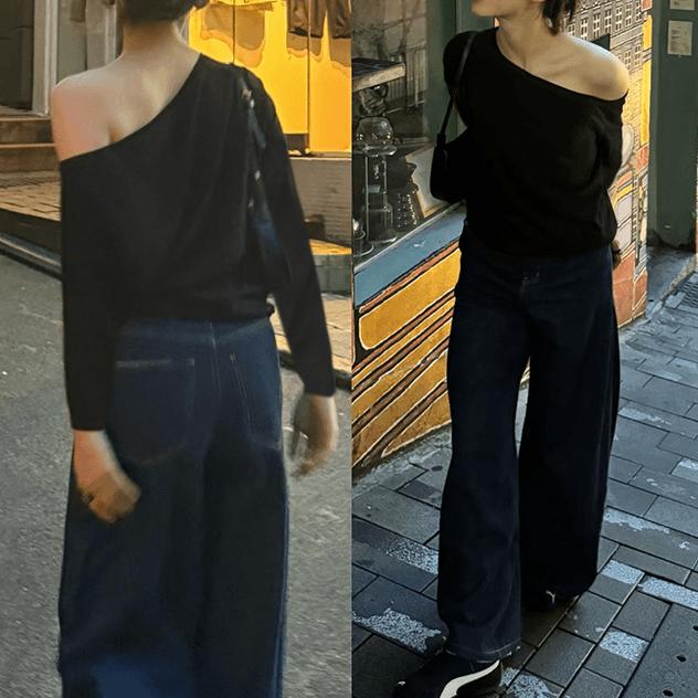 春夏黑色一字肩长袖T恤女一字领露肩漏锁骨上衣设计感小众宽松衫