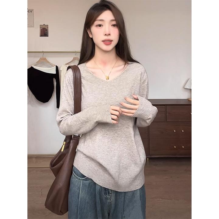 韩系chic宽松针织打底衫女秋季慵懒V领软糯毛衣内搭长袖绝美上衣