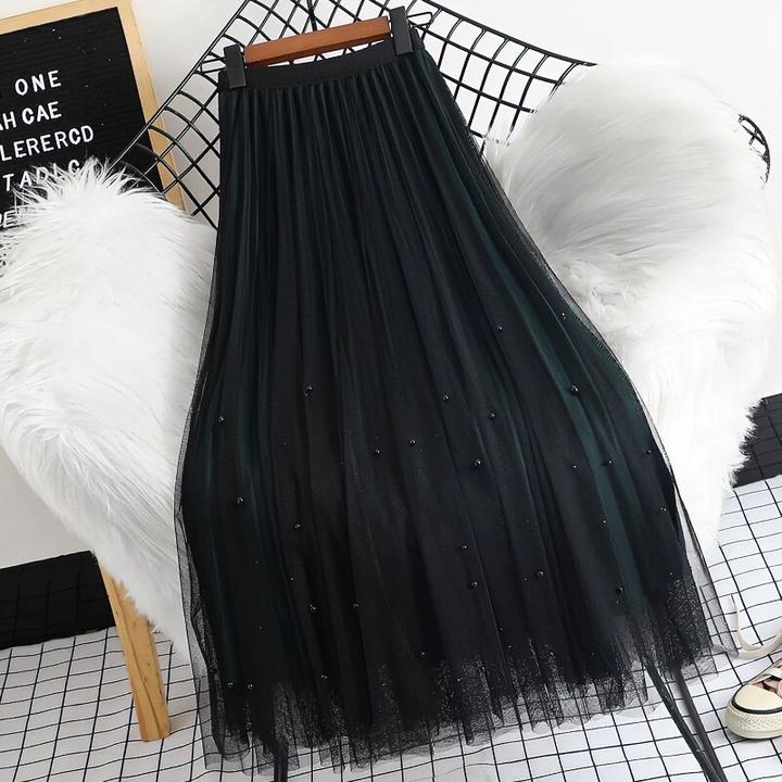 两面穿纱裙百褶裙高腰减龄钉珠网纱半身裙女中长款大摆长裙子