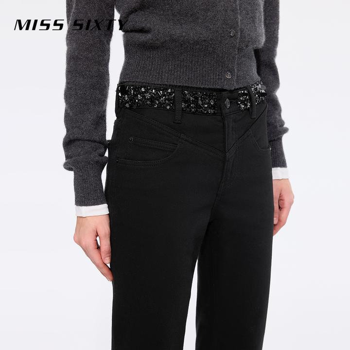 Miss Sixty新款牛仔裤女复古喇叭裤重工钉珠磨毛小黑裤