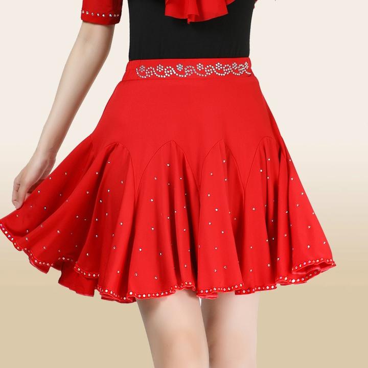 牛奶丝广场舞裙子新款大摆裙烫钻舞蹈裙跳舞裙三步踩交谊舞短裙夏
