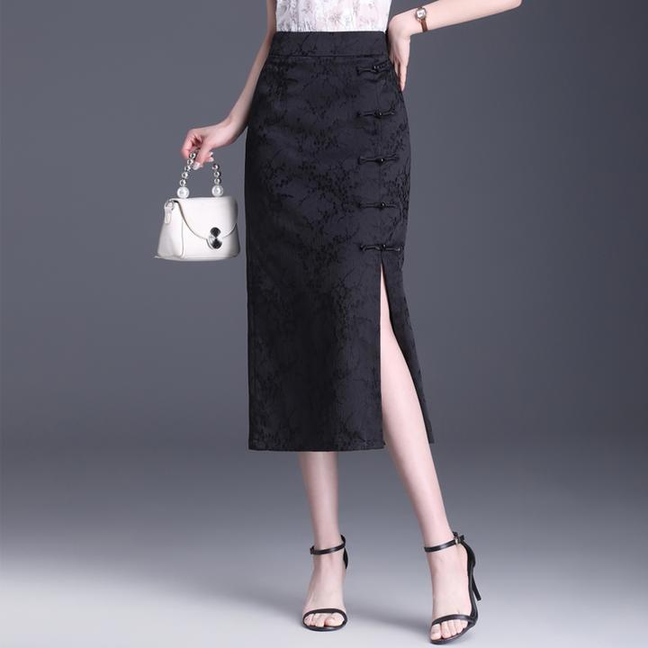 春秋高腰复古提花半身裙女中长款夏季新款显瘦中式开叉直筒包臀裙