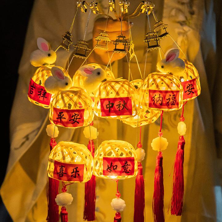 2024中秋节竹编小灯笼儿童手提花灯竹手工diy材料包发光灯笼材料