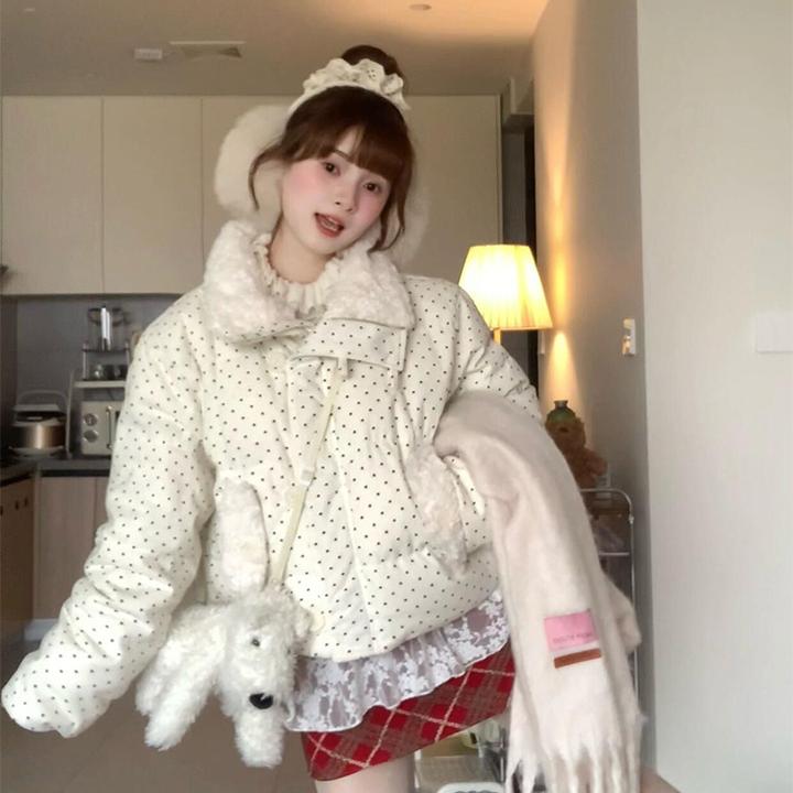 韩系加厚毛领短款波点棉服女2024冬季新款小个子宽松面包服外套